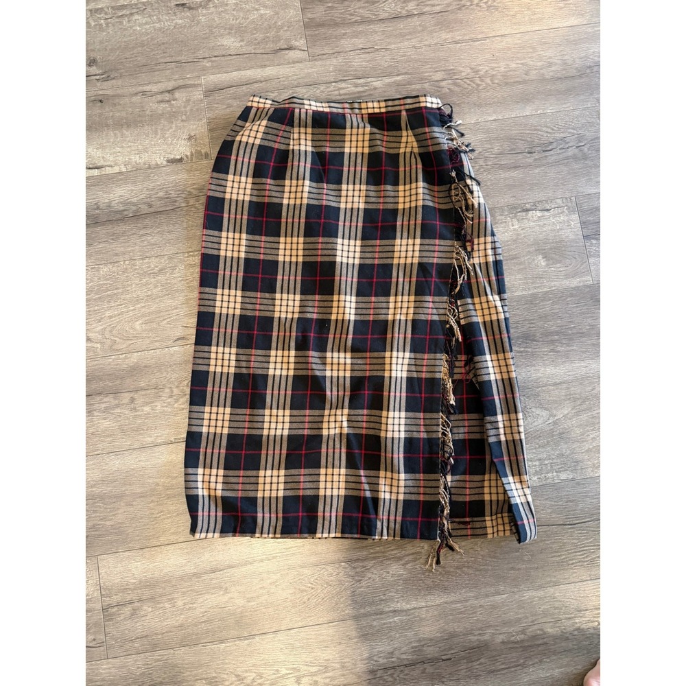 Requirements Vintage Plaid Wrap Midi Skirt Tan Black Red Fringe Trim Size S M